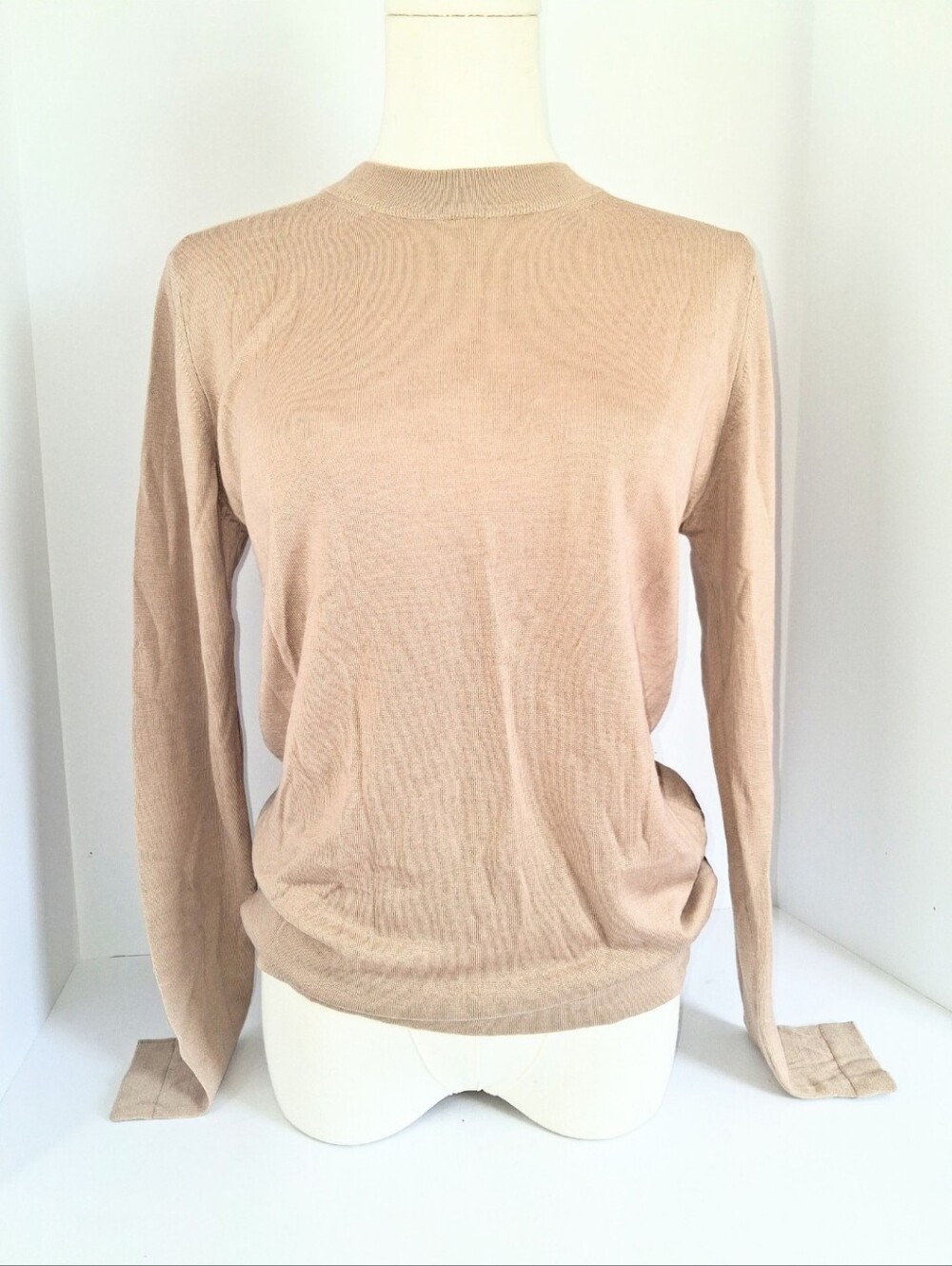 Sunspel Merino Wool Silk Sweater Oatmeal Tan Mock Neck Pullover Small